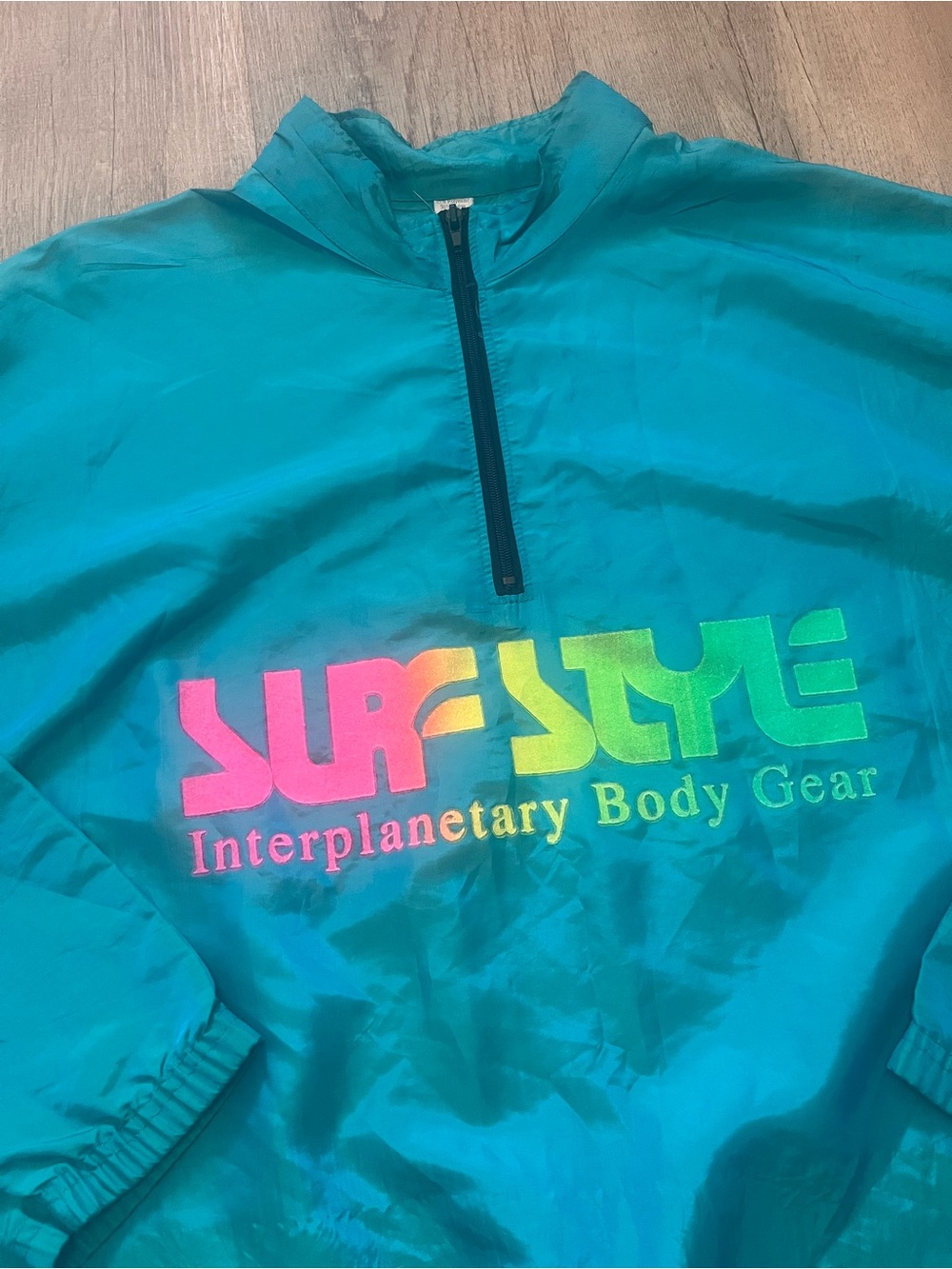 Vintage Surf Style Teal Pullover Windbreaker Raincoat with Neon Logo - Picture 2 of 5